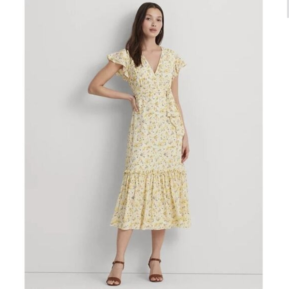 Lauren Ralph Lauren Women's flutter Sleeve Georgette Floral Print Dress Cream 16